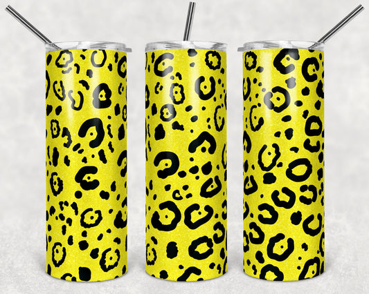 20 oz Skinny Tumbler Sublimation Design Template Yellow Leopard Glitter Design tumblers