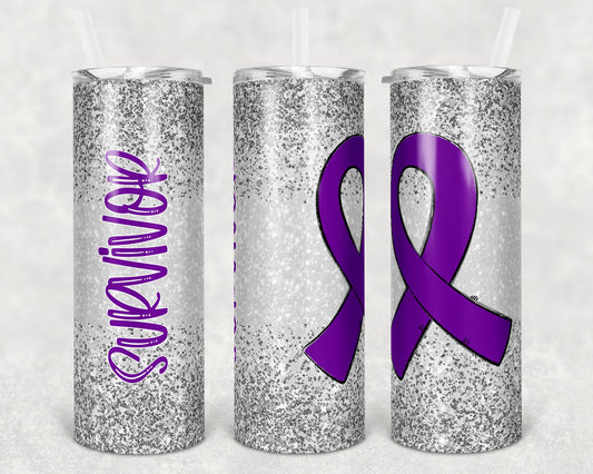 20 oz Skinny Tumbler Sublimation Glitter Gray Purple Cancer Survivor Straight and Warped Design