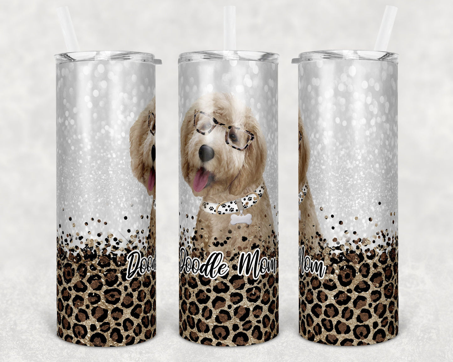 20 oz Skinny Tumbler Sublimation Doodle Dog Mom Glitter and Leopard Template Straight Warped