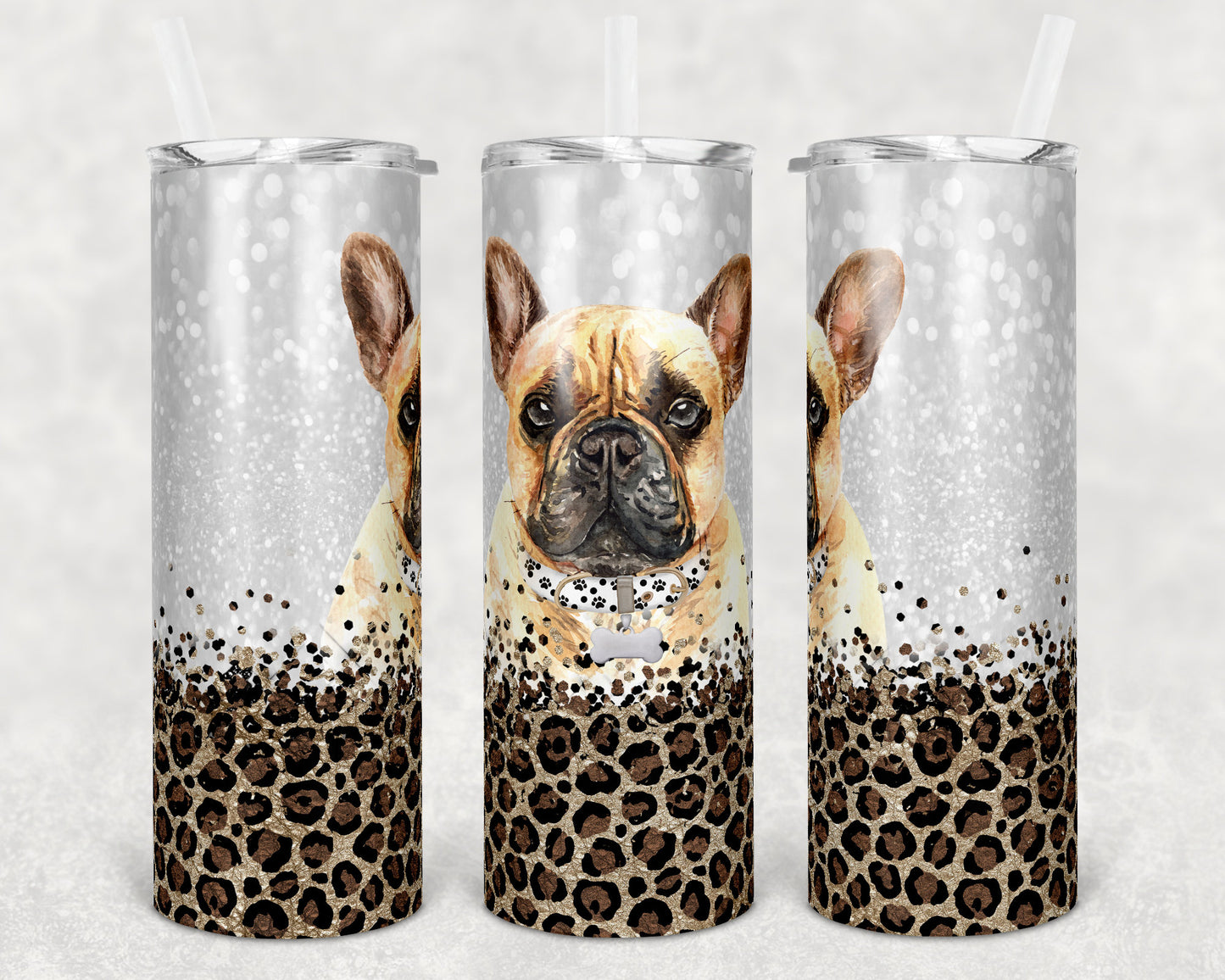 20 oz Skinny Tumbler Sublimation Frenchie Dog Mom Glitter and Leopard Template Straight Warped Mothers Day Dog Mama