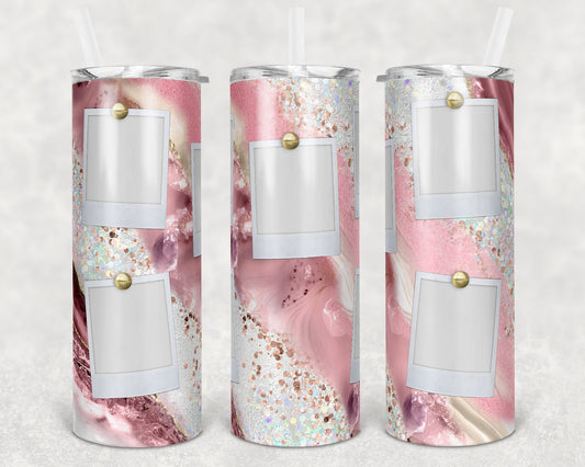 20 oz Skinny Tumbler Pink Milky way with photo Frames Gold and Blush Pink Sublimation Design