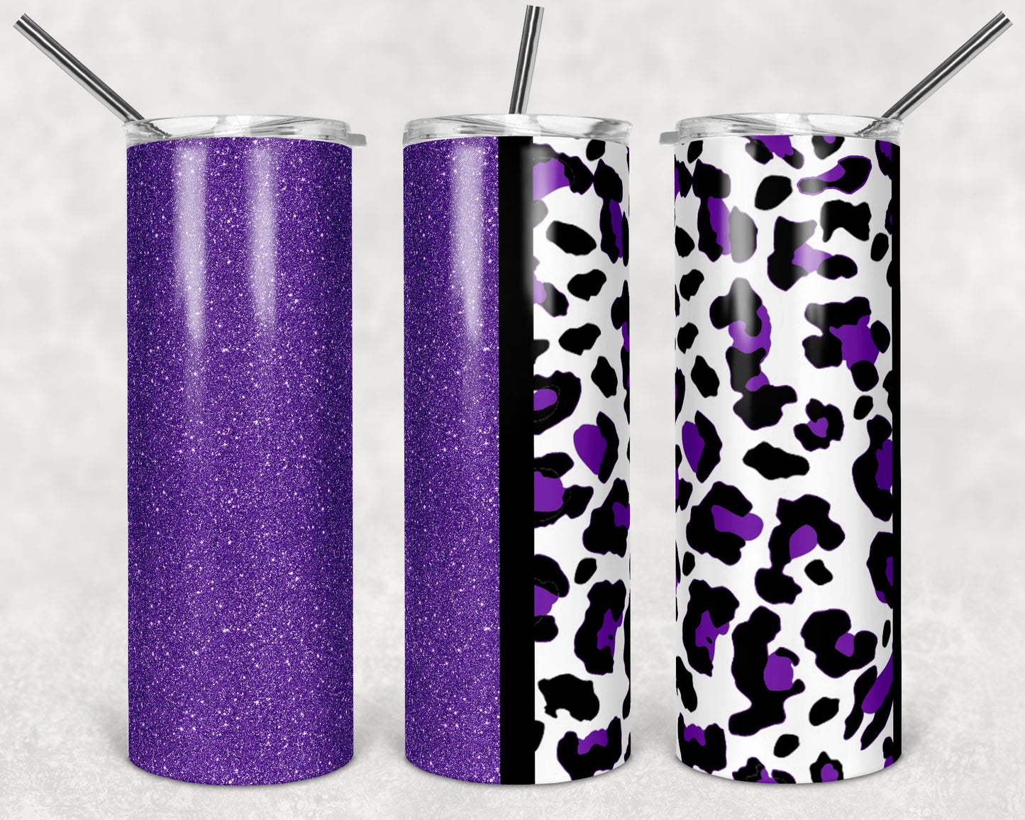 20 oz Skinny Tumbler Sublimation Design Template Purple Glitter Leopard Plain Straight Warped Design