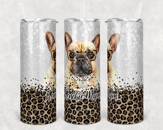 20 oz Skinny Tumbler Sublimation Frenchie Dog Mum Glitter and Leopard Template Straight Warped Mothers Day Dog Mama