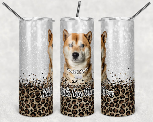 20 oz Skinny Tumbler Sublimation Shiba Inu Dog Mom Glitter and Leopard Template Straight Warped