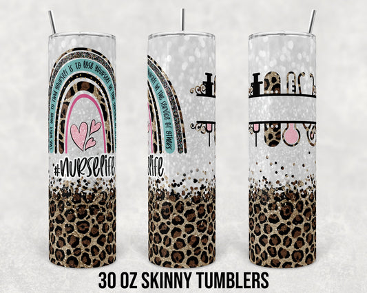 30 oz Skinny Tumbler Sublimation Design Template Nurse Life Leopard and Glitter Straight