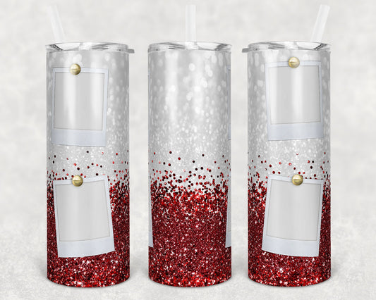 20 oz Skinny Tumbler with 4 Pictures Photo White Maroon Glitter Sublimation Design