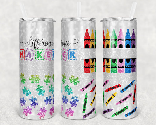 20 oz Skinny Tumbler Rainbow Glitter Teacher Tumbler Difference Maker Special Education Sublimation Design crayon