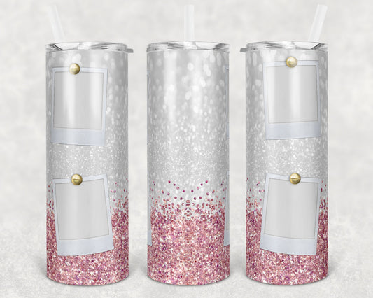 20 oz Skinny Tumbler with 4 Pictures Photo White Pink Glitter Sublimation Design