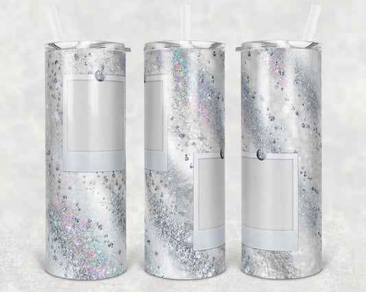 20 oz Skinny Tumbler with 2 Pictures Photo White Silver Glitter Milkyway Sublimation Design