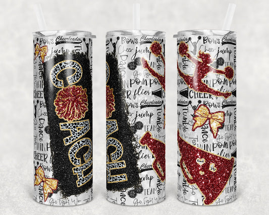 20 oz Skinny Tumbler Cheer Coach Maroon Gold Glitter Leopard and Black Sublimation Design