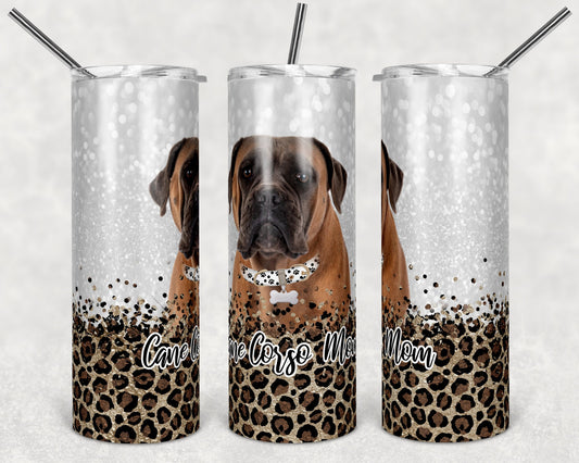 20 oz Skinny Tumbler Sublimation Cane Corso Dog Mom Glitter and Leopard Template Straight Warped