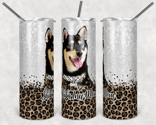 20 oz Skinny Tumbler Sublimation Shiba Inu Dog Mom Glitter and Leopard Template Straight Warped