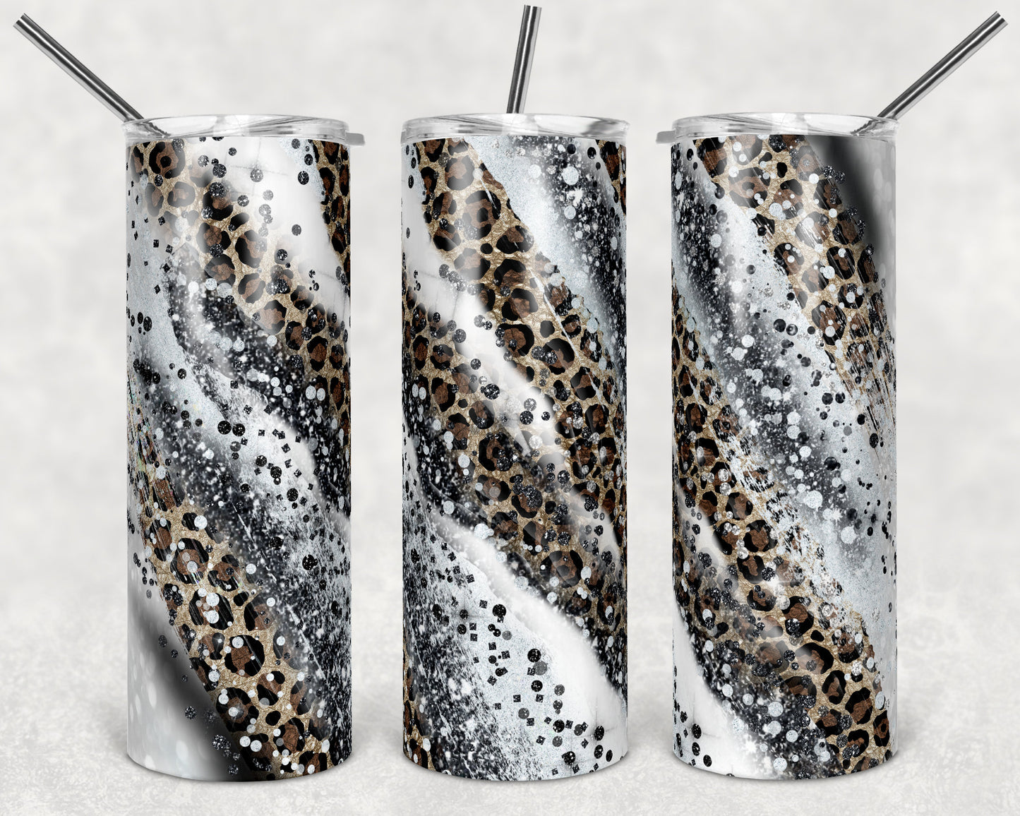 20 oz Skinny Tumbler Sublimation Template Agate Milky Way Black Gold Leopard Straight Design