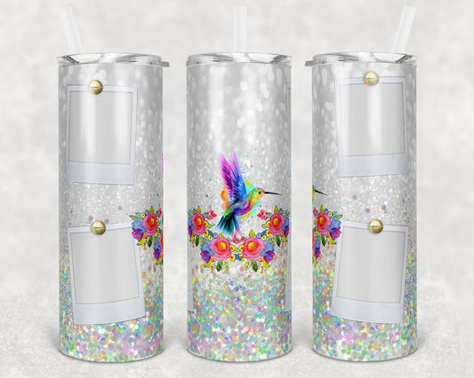 20 oz Skinny Tumbler Memorial with Pictures White Glitter Humming bird Hummingbird 4 photo Sublimation Design