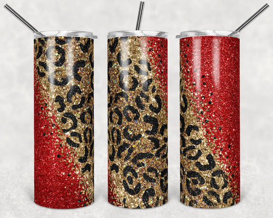 20 oz Skinny Tumbler Sublimation Design Template Glitter Gold Red Diagonal Leopard Straight and Warped Design