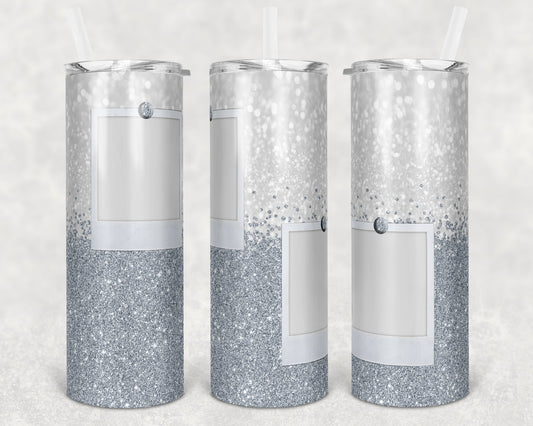 20 oz Skinny Tumbler with 2 Pictures Photo White Silver Glitter Confetti Sublimation Design