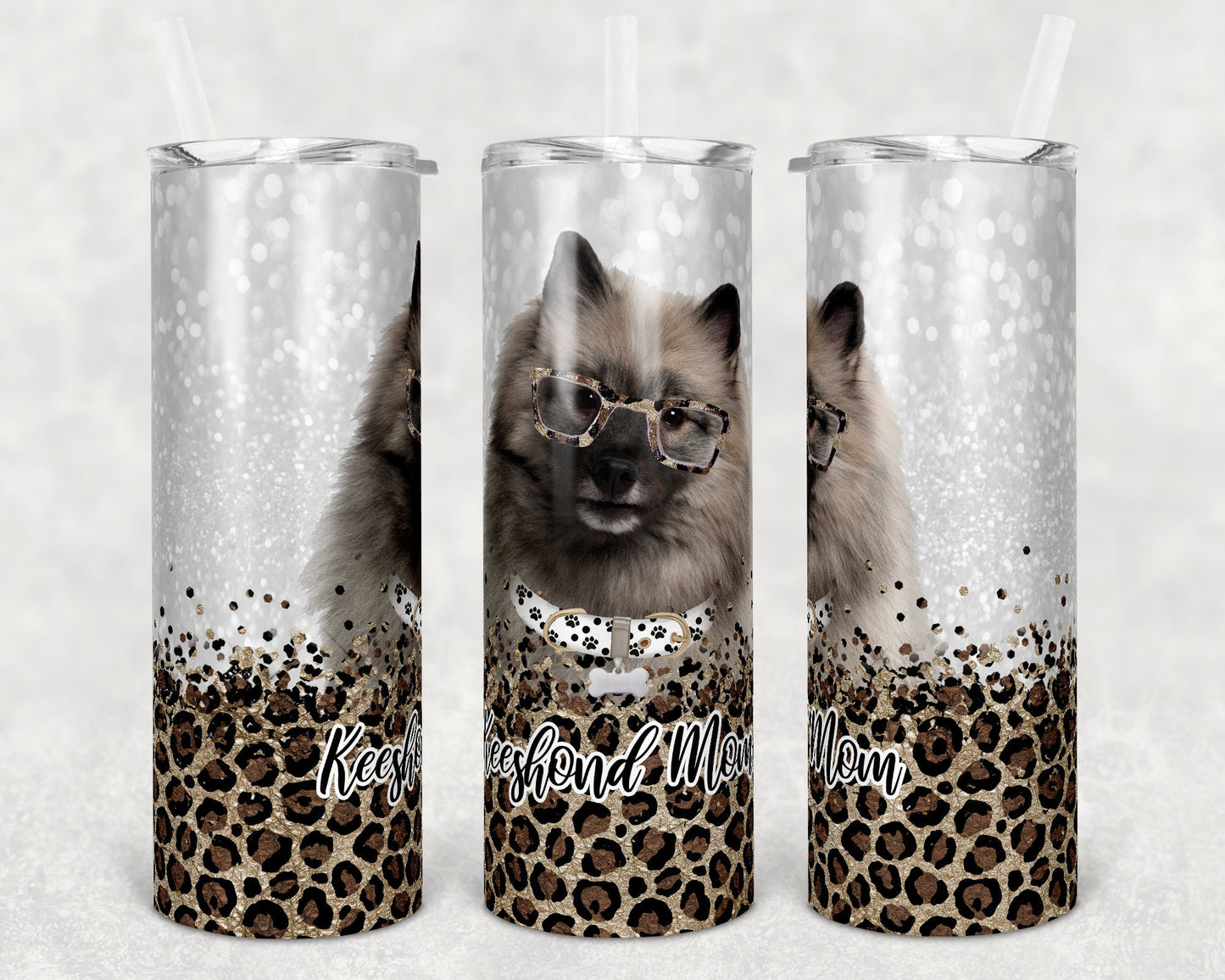 20 oz Skinny Tumbler Sublimation Keeshond Dog Mom Glitter and Leopard Template Straight Warped