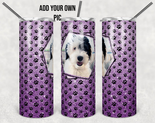 20 oz Skinny Tumbler Sublimation Lavender Glitter Paw Dog Frame Add Photo Picture Personalize Template Straight Warped
