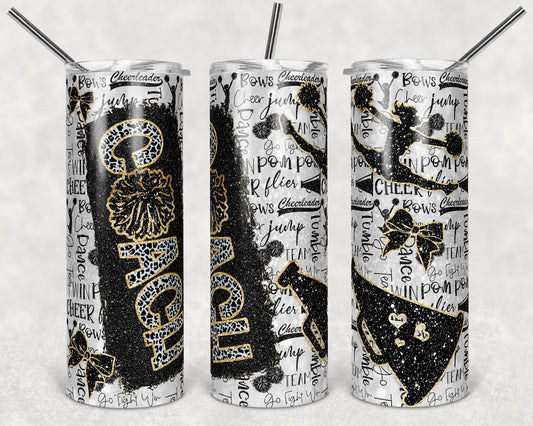 20 oz Skinny Tumbler Cheer Coach Glitter Leopard and Black and Gold Sublimation Design
