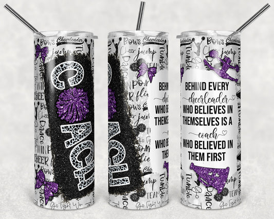 20 oz Skinny Tumbler Cheer Coach Glitter Leopard and Black Sublimation Design with quote tumblers
