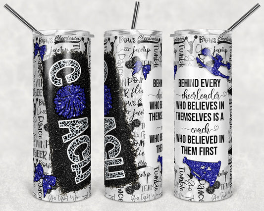 20 oz Skinny Tumbler Cheer Coach Glitter Leopard and Black Sublimation Design with quote tumblers