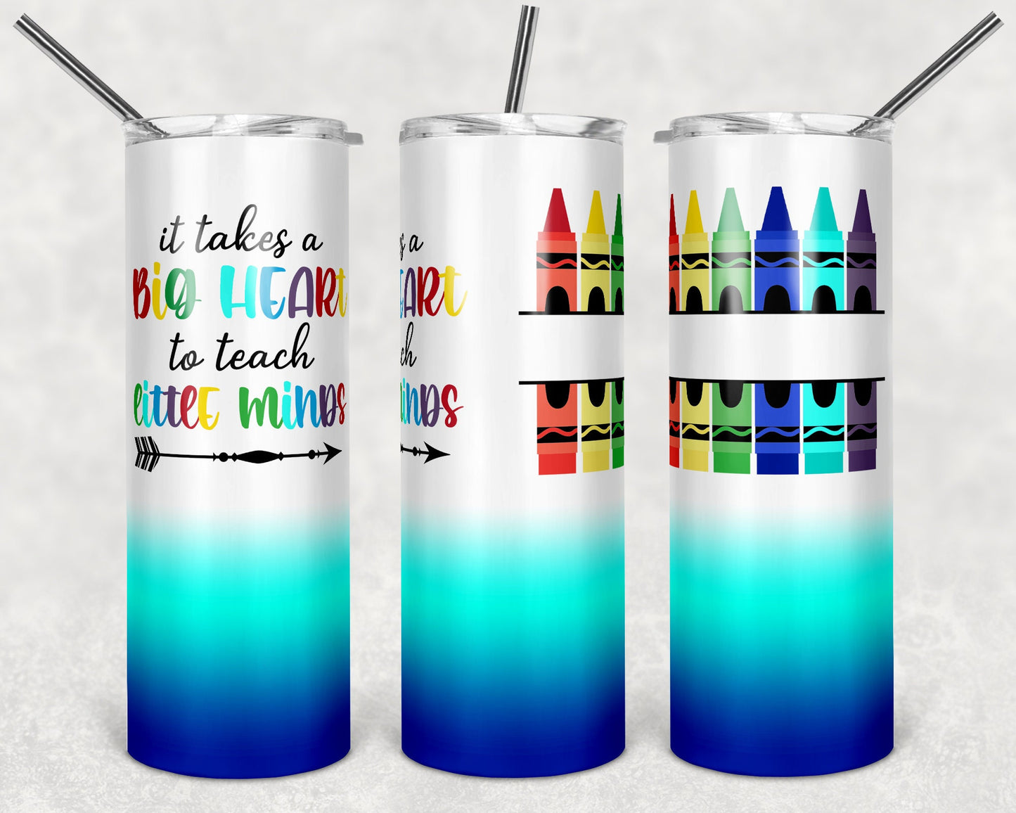 20 oz Skinny Tumbler Blue non Glitter Teacher Tumbler Big Heart to Teach Little Minds Sublimation Design crayon