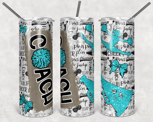 20 oz Skinny Tumbler Cheer Coach Teal Glitter Leopard and Black Sublimation Design