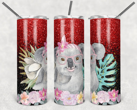 20 oz Skinny Tumbler Sublimation Design Template red black Ombre Glitter Koala Straight and Warped