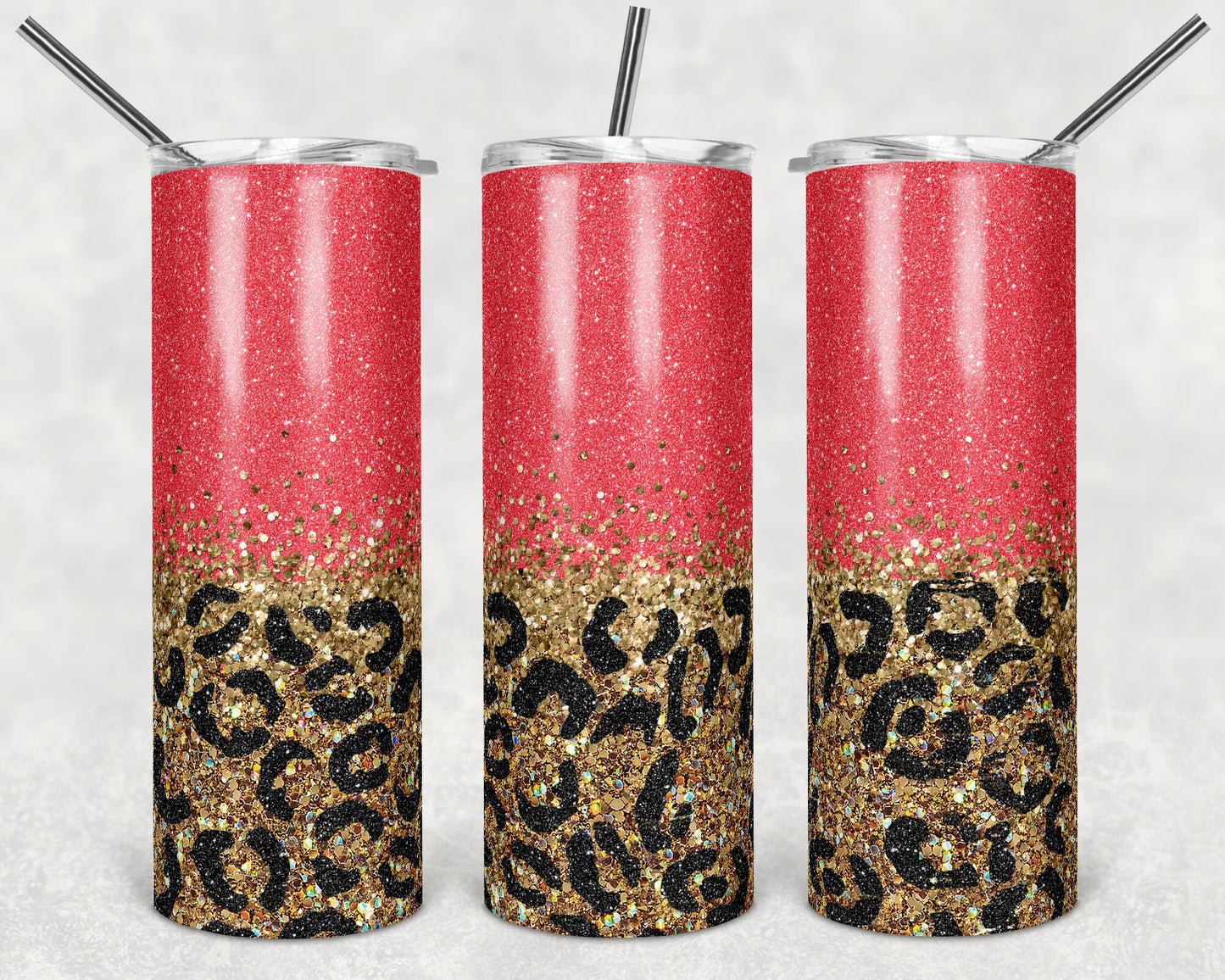 20 oz Skinny Tumbler Sublimation Design Template Glitter Gold Coral Leopard Straight Design