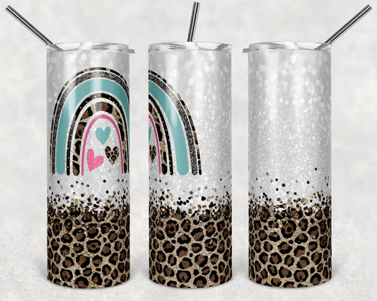 20 oz Skinny Tumbler Rainbow Leopard Glitter heart blank to personalize Life Sublimation Design