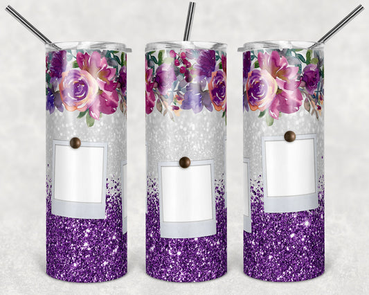 20 oz Skinny Tumbler Sublimation Design Template Floral Purple Glitter Design 3 Frames Photo Inst tumblers