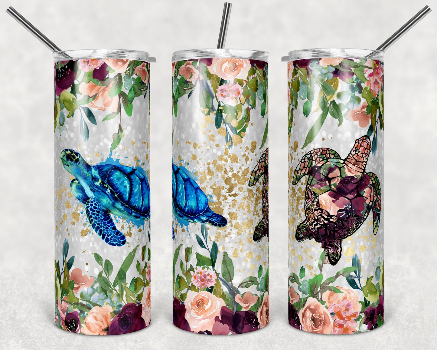 20 oz Skinny Tumbler Sublimation Design Template Glitter Turtle and Flowers Floral Turtle Ocean
