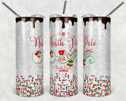 20 oz Skinny Tumbler Sublimation Design Template Glitter Christmas North Pole Hot Chocolate Factory Straight Design