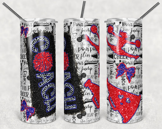 20 oz Skinny Tumbler Cheer Coach Blue Red Glitter Leopard and Black Sublimation Design
