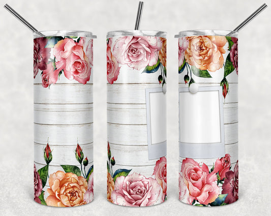 20 oz Skinny Tumbler Picture Frame Tumbler Room to add Quote Floral wood one photo Sublimation Design