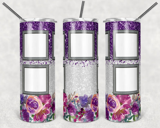 20 oz Skinny Tumbler Sublimation Design Template Floral Purple Glitter Design 5 Frames Photo Inst tumblers