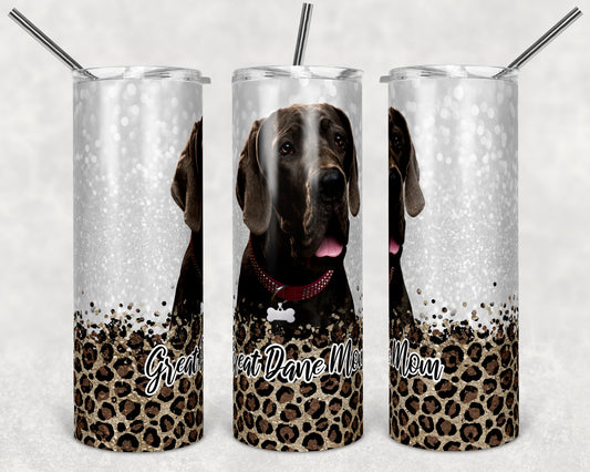 20 oz Skinny Tumbler Sublimation Great Dane Dog Mom Glitter and Leopard Template Straigh Mothers Day Dog