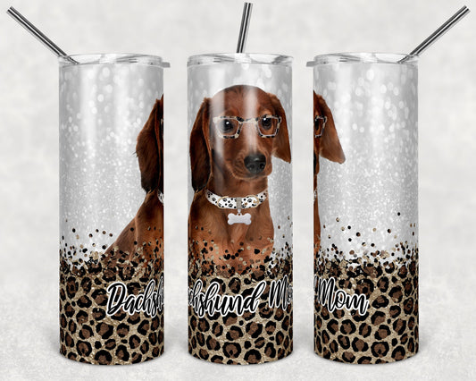 20 oz Skinny Tumbler Sublimation Dachshund Dog Mom Glitter and Leopard Template Straight Warped