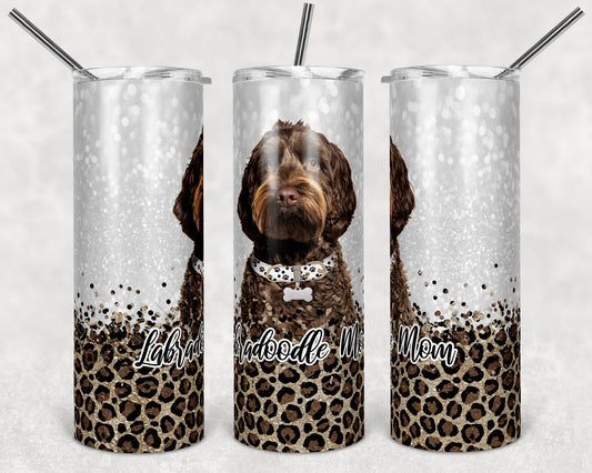 20 oz Skinny Tumbler Sublimation Labradoodle Dog Mom Glitter and Leopard Template Straight