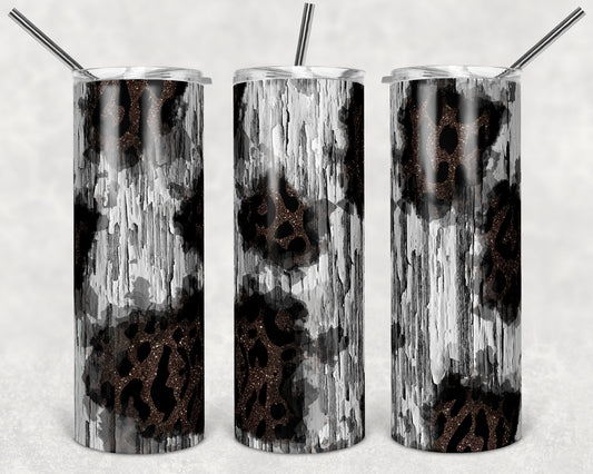 20 oz Skinny Tumbler Design Chipped Wood Glitter Leopard Background Sublimation Design