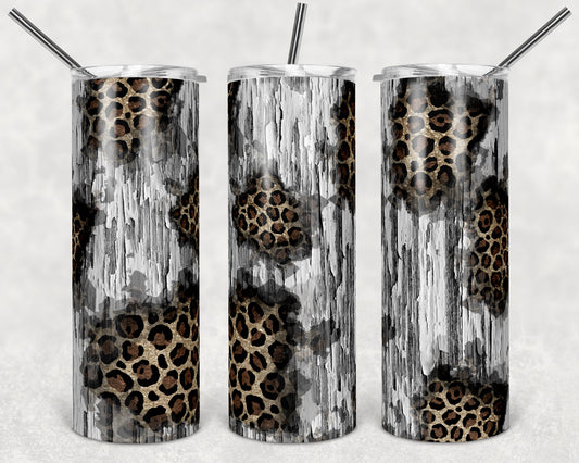 20 oz Skinny Tumbler Design Chipped Wood Glitter Leopard Background Sublimation Design