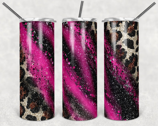20 oz Skinny Tumbler Sublimation Template stripe Leopard Milky Way Glitter Hot pink black Straight Design