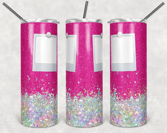 20 oz Skinny Tumbler Blessed Faux Holographic Pink Glitter 2 Photo Picture Sublimation Design