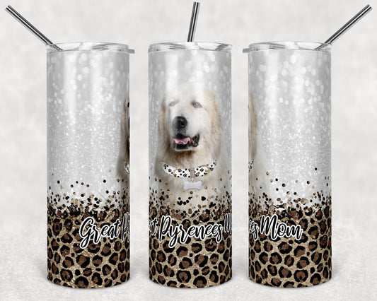20 oz Skinny Tumbler Sublimation Great Pyrenees Dog Mom Glitter and Leopard Template Straight Warped