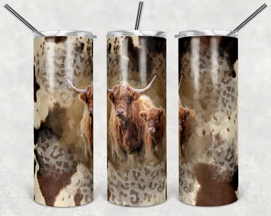 20 oz Skinny Tumbler Design Cow Hide highland Cow and calf Leopard Background add own quote Sublimation Design Instant