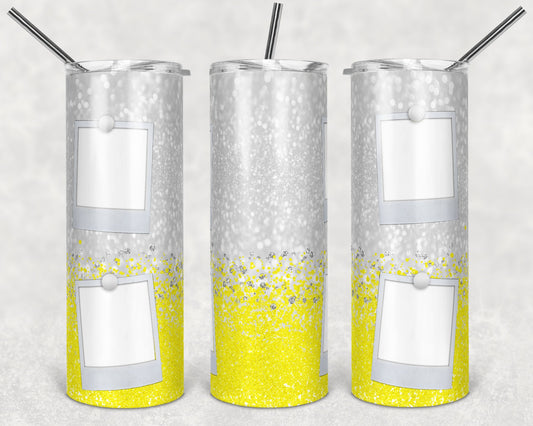 20 oz Skinny Tumbler with 4 Pictures Photo White Yellow Glitter Sublimation Design