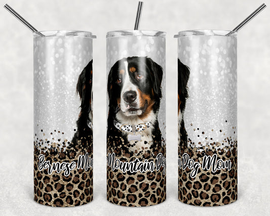 20 oz Skinny Tumbler Sublimation Bernese Mountain Dog Mom Glitter and Leopard Template Straight