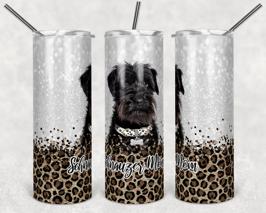 20 oz Skinny Tumbler Sublimation Schnauzer Dog Mom Glitter and Leopard Template Straight Warped