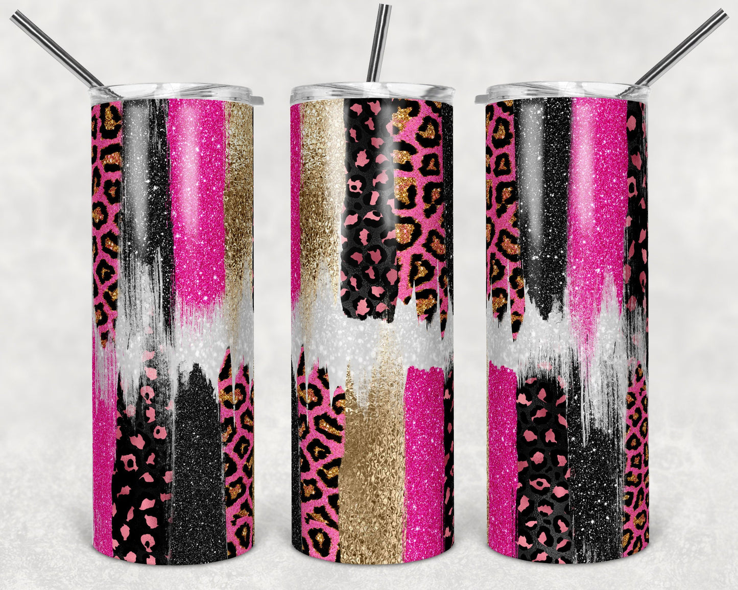 20 oz Skinny Tumbler Sublimation Design Template Glitter Brush Stroke Pink Leopard Design tumblers