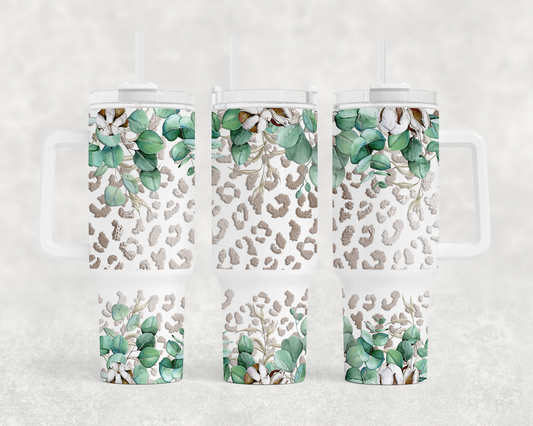40 oz 2 piece Tumbler Sublimation Pretty Cotton and Pearl Floral and Leopard spots design print transfer
